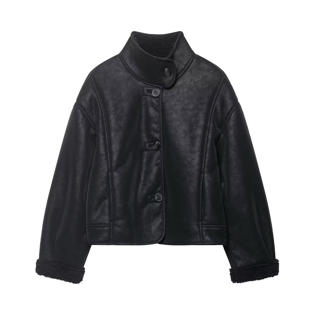 WomenShort Cut Faux Leather Jacket with Teddy Lining, Stand Collar and Button Closure Mune Fashion