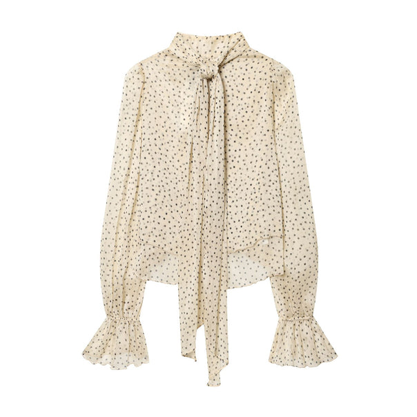 Ladies semi-transparent chiffon blouse with tie bow, ruffle sleeves and polka dot print Mune Fashion
