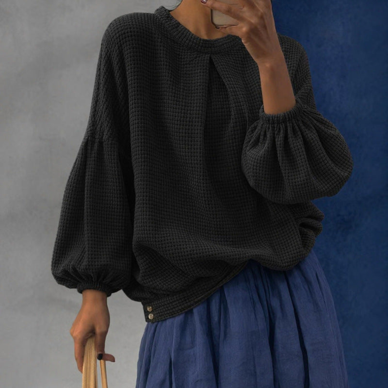 Women Oversize Waffle Knit Sweater with Balloon Sleeves and Pleat Mune Fashion