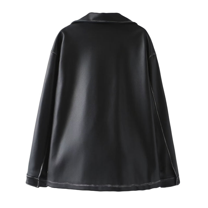 Women's oversized faux leather jacket with shawl collar and embossed logo embroidery Mune Fashion