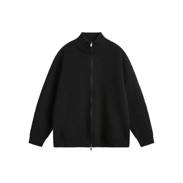 Unisex Oversized Knit Zip Jacket with Stand-Up Collar and Ribbed Cuffs Mune Fashion