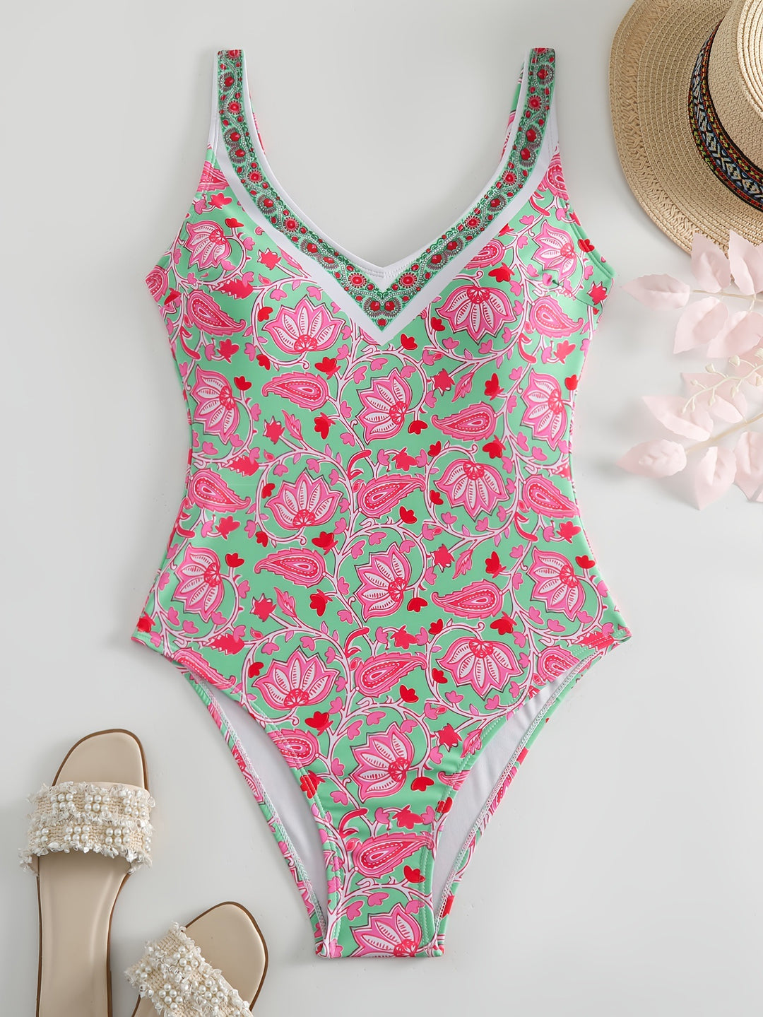 Ladies One-Piece Swimsuit with Floral Design and Fashionable Straps Mune Fashion