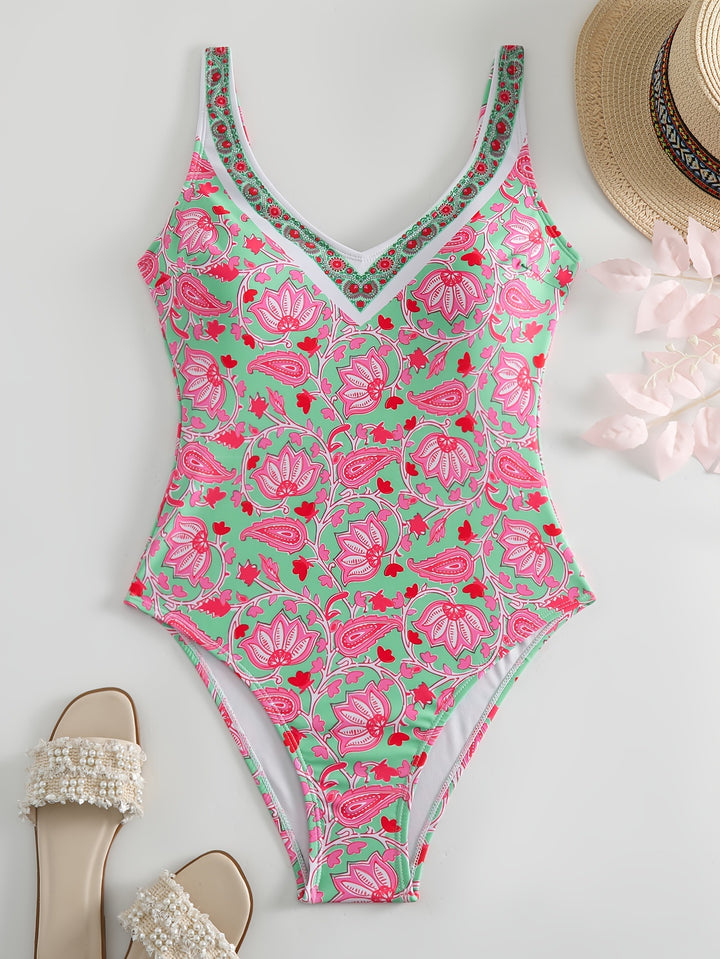 Ladies One-Piece Swimsuit with Floral Design and Fashionable Straps Mune Fashion