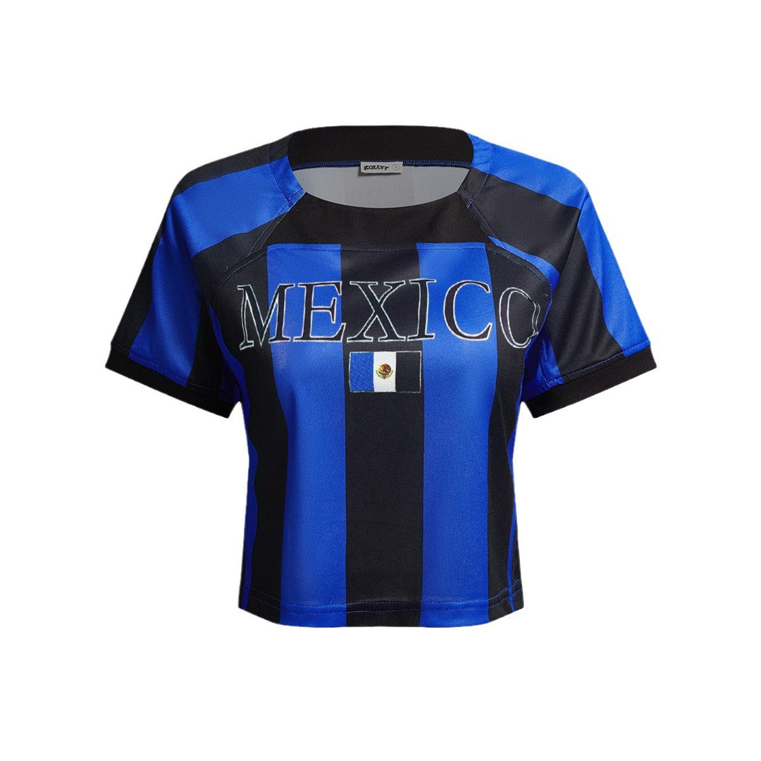 Ladies non-belly-free retro football jersey with MEXICO lettering and flag patch Mune Fashion