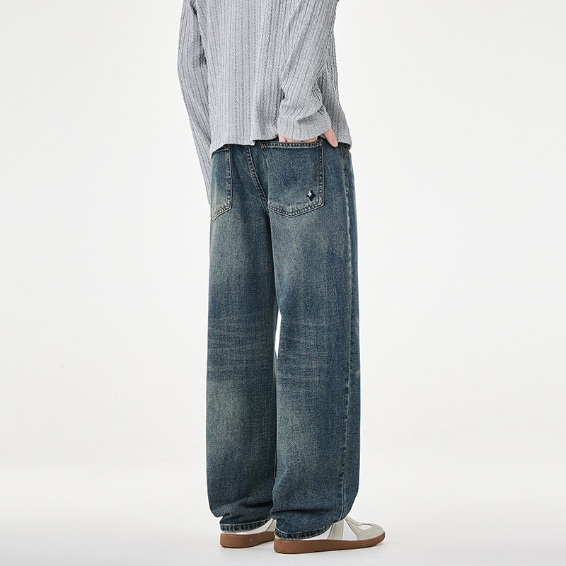 Men's straight cut wide jeans with high waistband and vintage wash Mune Fashion
