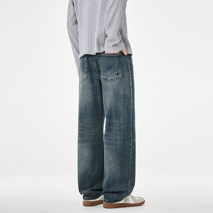 Men's straight cut wide jeans with high waistband and vintage wash Mune Fashion