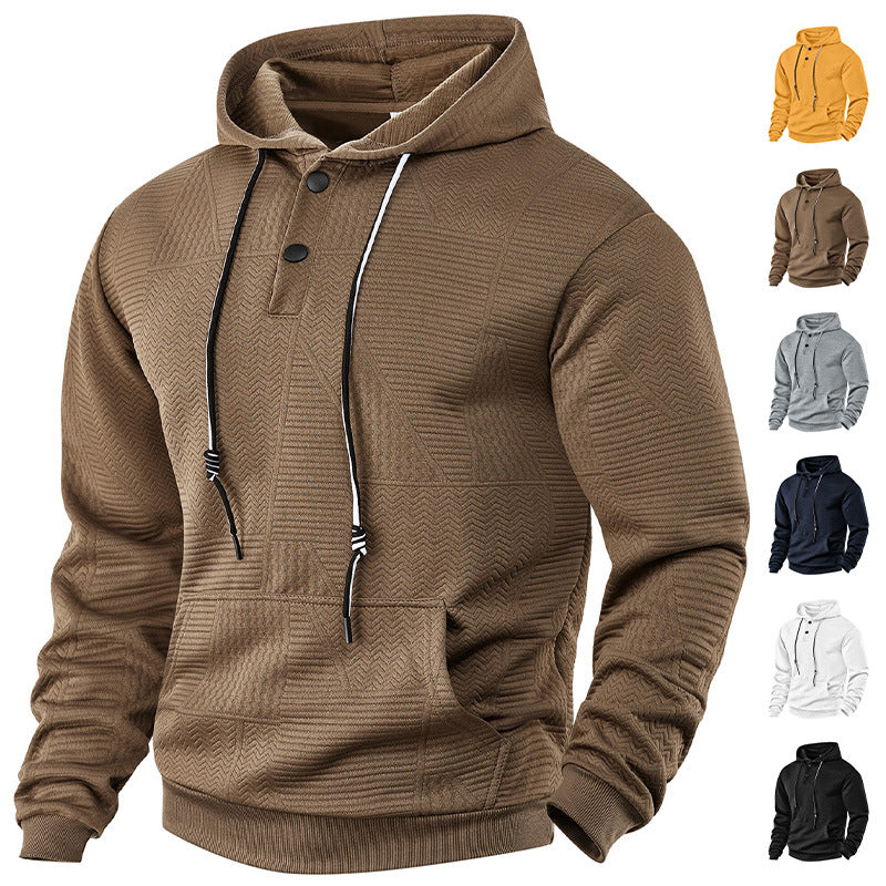 Men's hooded sweatshirt with geometric structure, Henley placket, and kangaroo pocket Mune Fashion