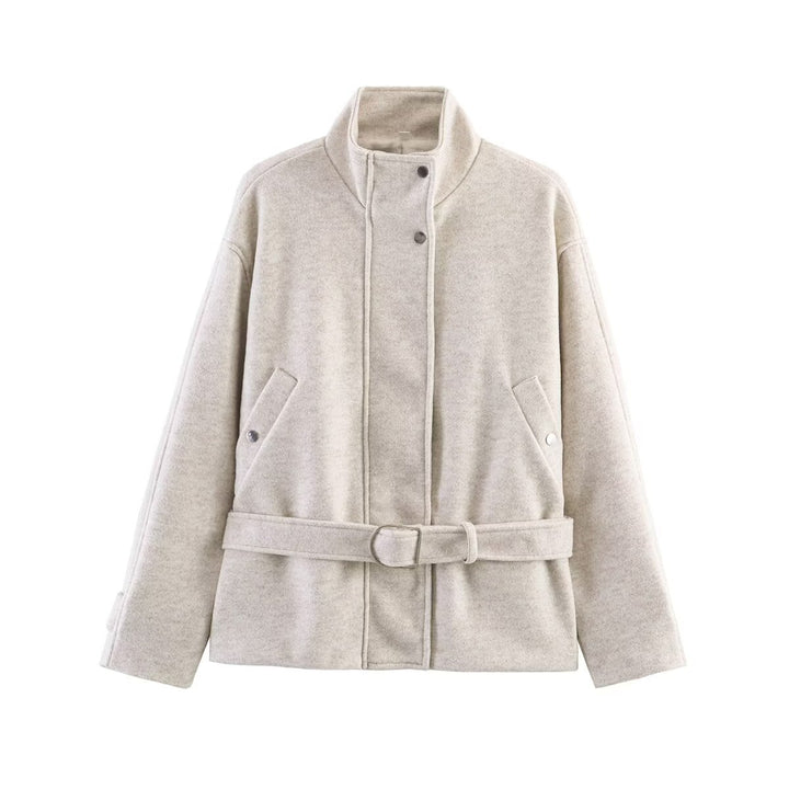 Women's Boxy Wool Jacket with Stand-Up Collar, Concealed Snap Button Placket and D-Ring Waist Belt Mune Fashion