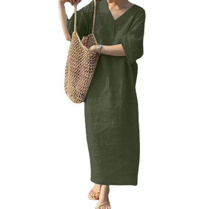 Women's Casual Linen Maxi Dress with V-Neck and Oversize Relax Fit