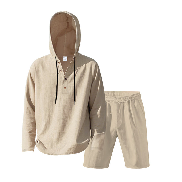 Men's Hoodie Henley Loungewear Set with Linen Look, Drawstring and Elastic Tunnel Shorts Mune Fashion