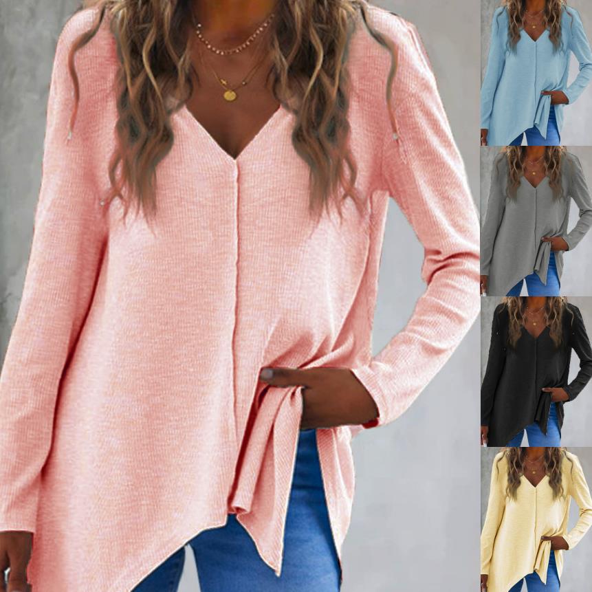 Ladies V neck fine knit tunic with asymmetrical hem and side slit Mune Fashion