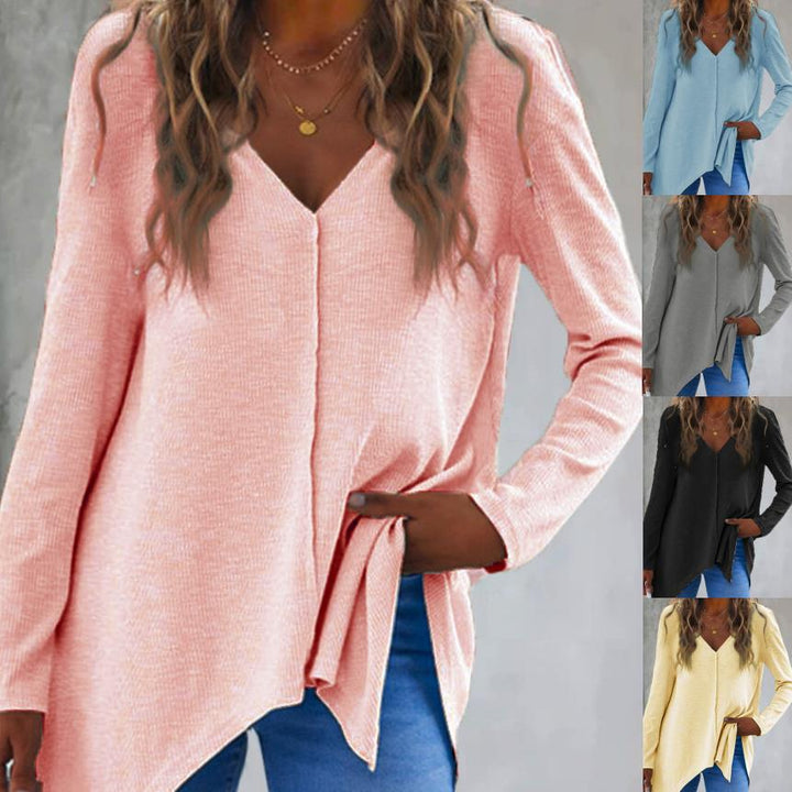 Ladies V neck fine knit tunic with asymmetrical hem and side slit Mune Fashion