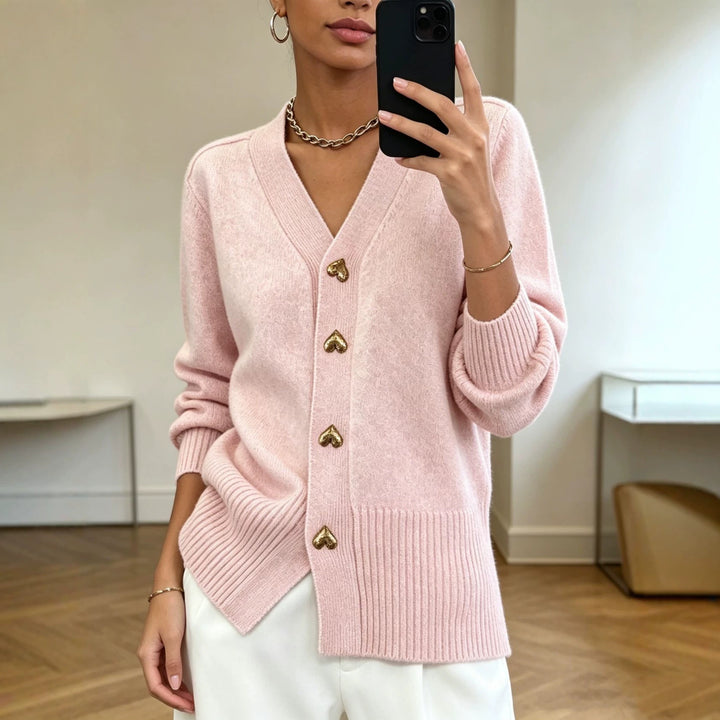Women Oversize V-Neck Knit Cardigan with Heart-Shaped Decorative Buttons Mune Fashion