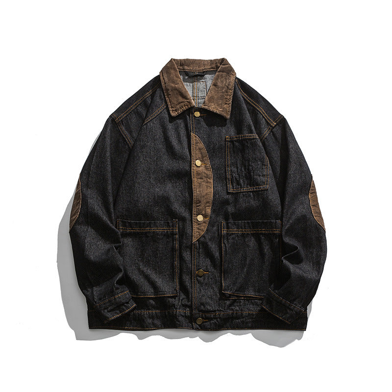 Men's Boxy Denim Work Jacket with Cord Collar, Flap Pockets and Elbow Patches Mune Fashion