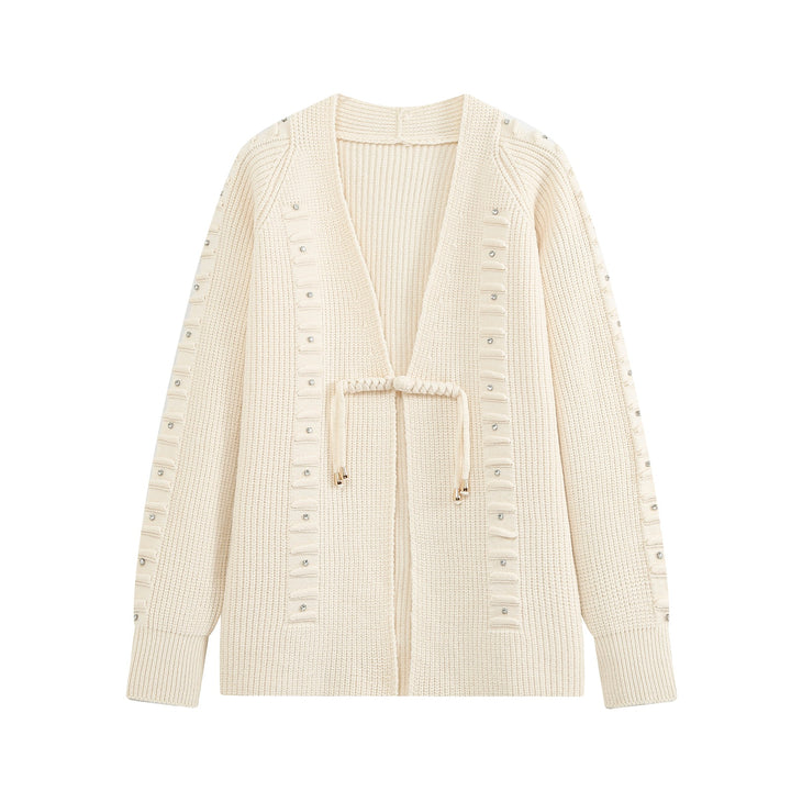 Ladies chunky knit cardigan with rhinestone trim, braided cord, and open V-neck Mune Fashion