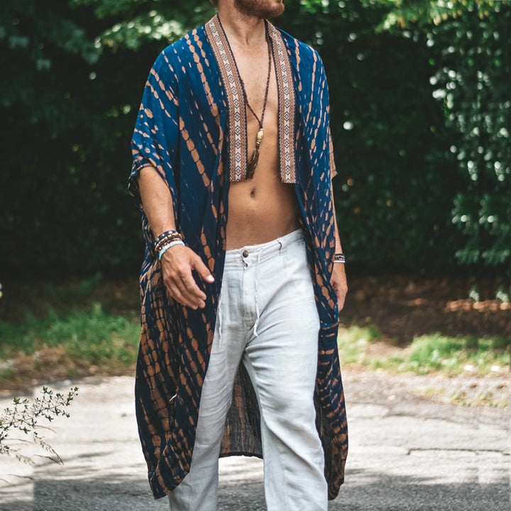 Men's Long Batik Kimono made of Lightweight Viscose with Ornamental Trim Mune Fashion