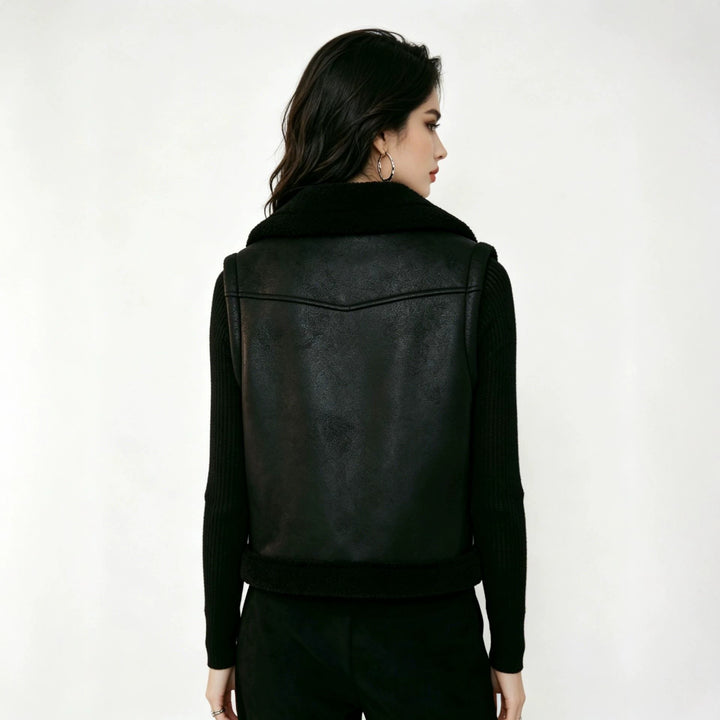 Women's leather vest with teddy lining and waist belt Mune Fashion