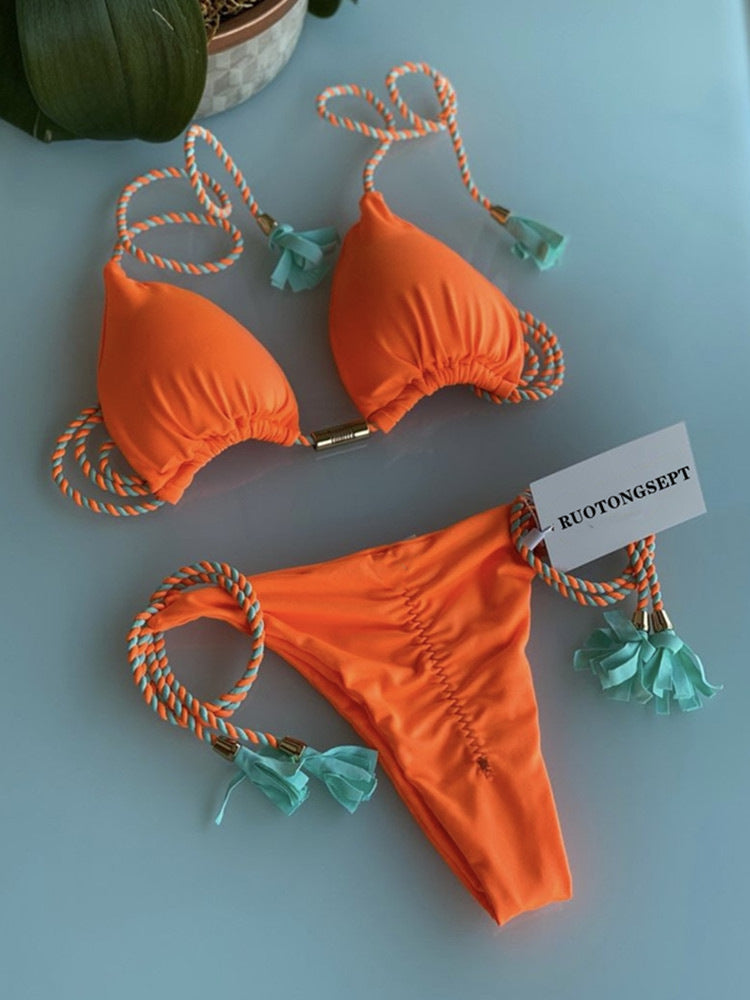 Women Bikini Set with elegant leopard pattern and fashionable tassels Mune Fashion