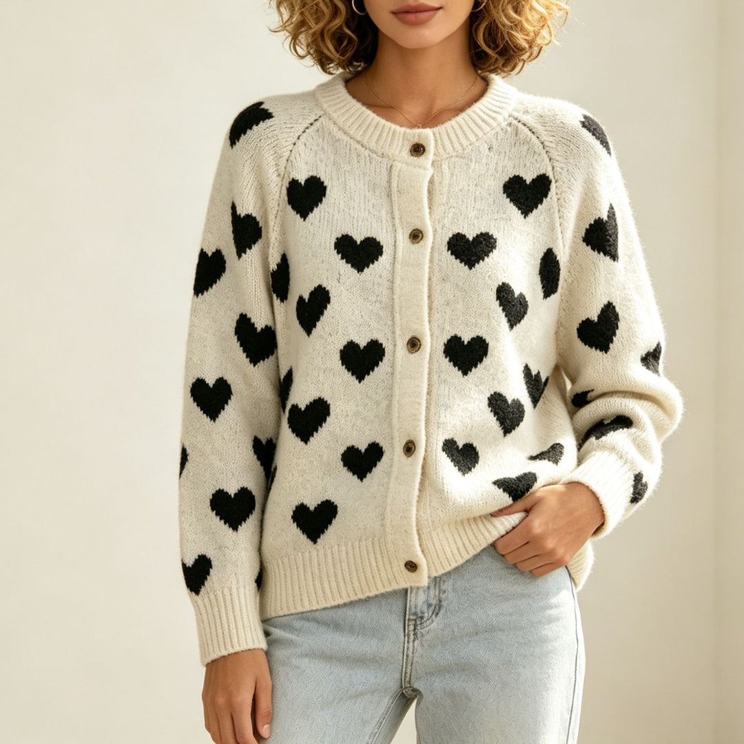 Women's Cozy Jacquard Cardigan with Heart Motif, Raglan Sleeves and Button Placket Mune Fashion