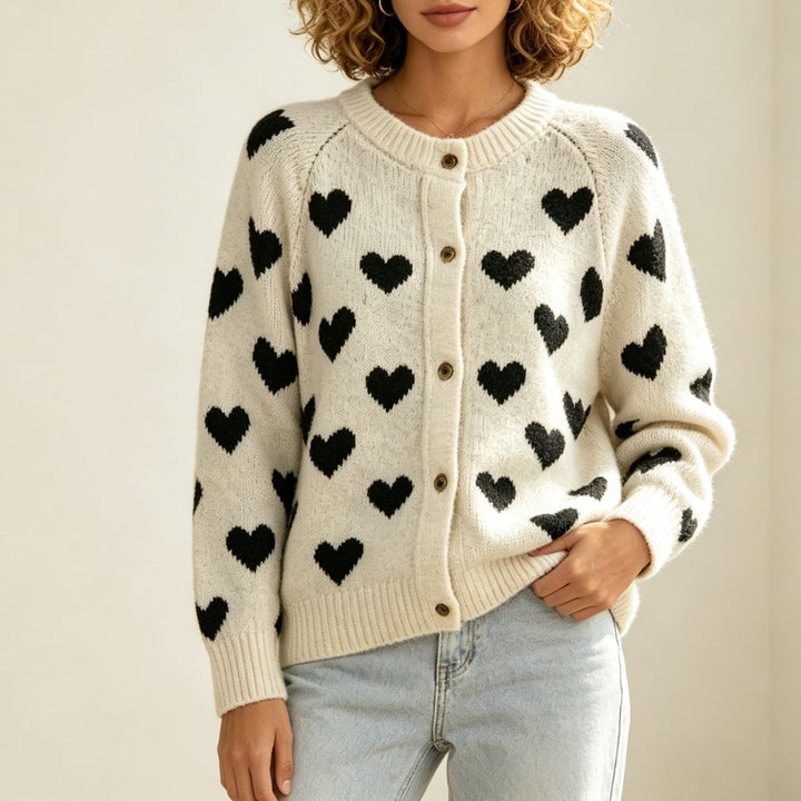 Women's Cozy Jacquard Cardigan with Heart Motif, Raglan Sleeves and Button Placket Mune Fashion