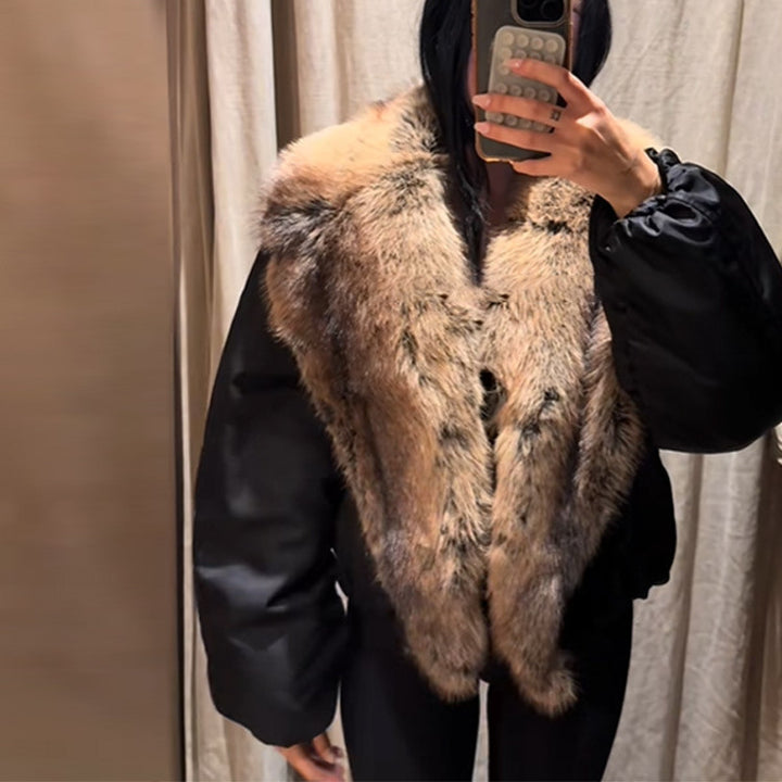 Women's Oversize Bomber Jacket with Voluminous Fur Collar and Satin Sleeves Mune Fashion