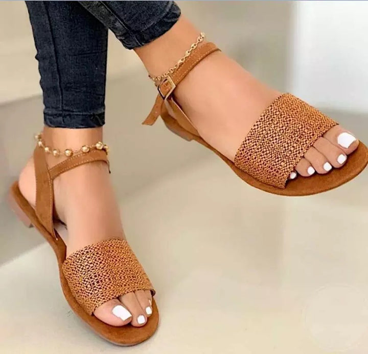 Women's flat sandal with wide rhinestone strap and adjustable ankle strap Mune Fashion