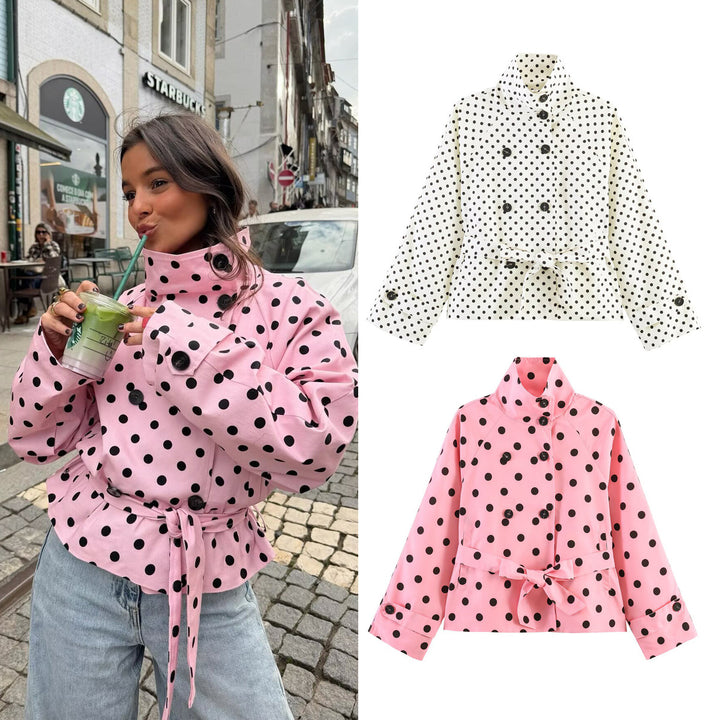 Women's Short Cut Raincoat with Polka Dot Pattern and Tie Belt Mune Fashion