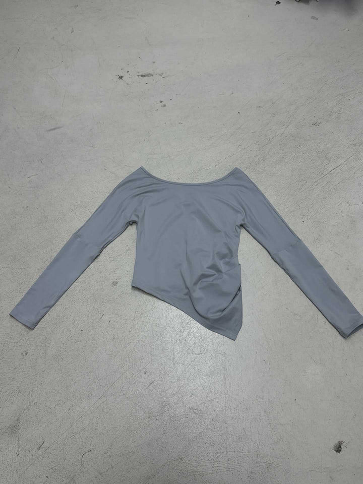 Women's asymmetrical off-shoulder long sleeve shirt with side gathering and diagonal hemline Mune Fashion