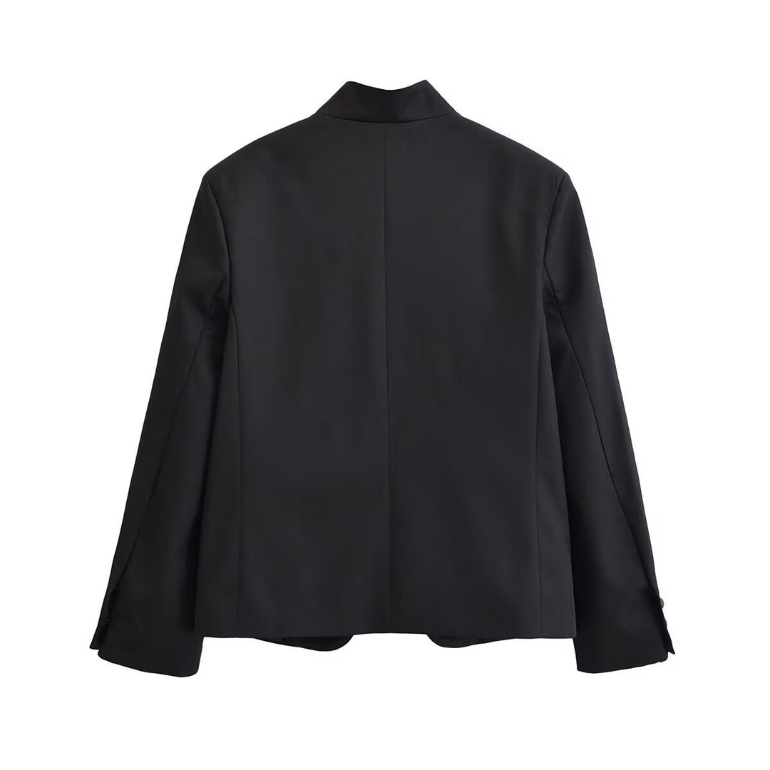 Women's Short Blazer with Stand Collar and Asymmetrical Button Placket Mune Fashion