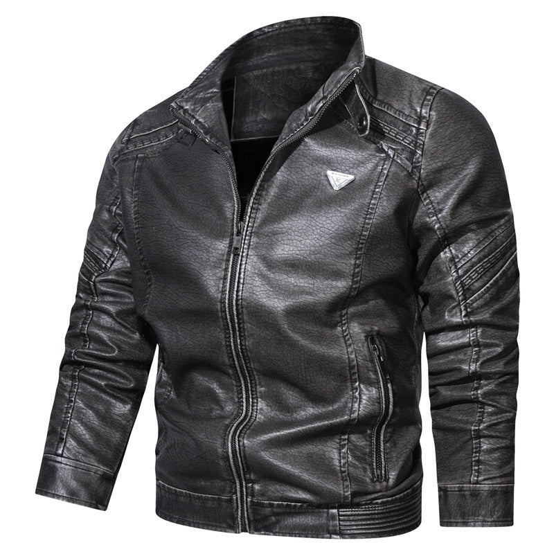 Men's Faux Leather Bomber Jacket in Used Denim Look with Stand Collar and Zipper Pockets Mune Fashion