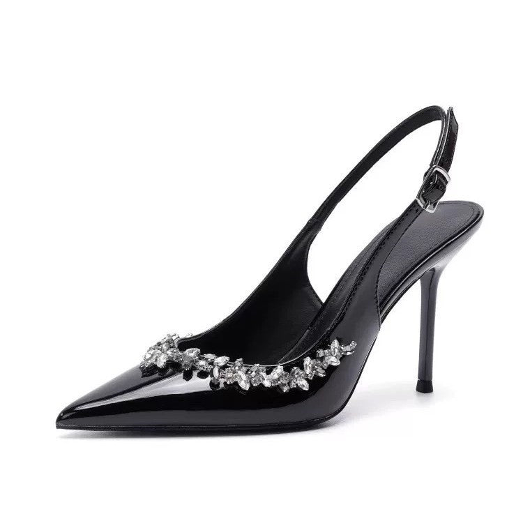 Women's satin slingback pumps with pointed toe shape and sparkling rhinestone application Mune Fashion