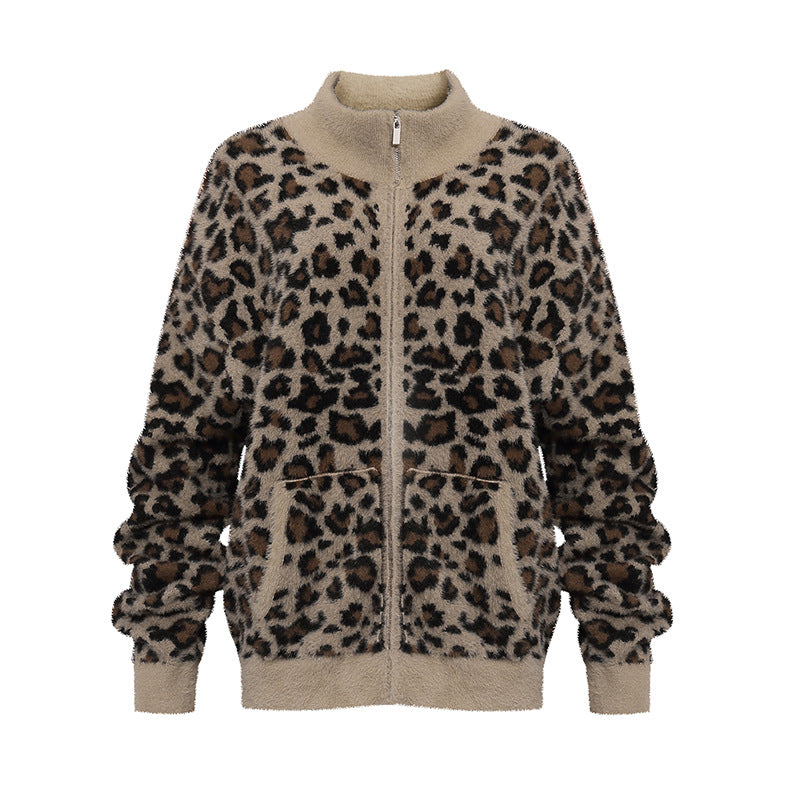 Women's Fluffy Teddy Fleece Jacket with Leopard Print and Front Zipper Mune Fashion