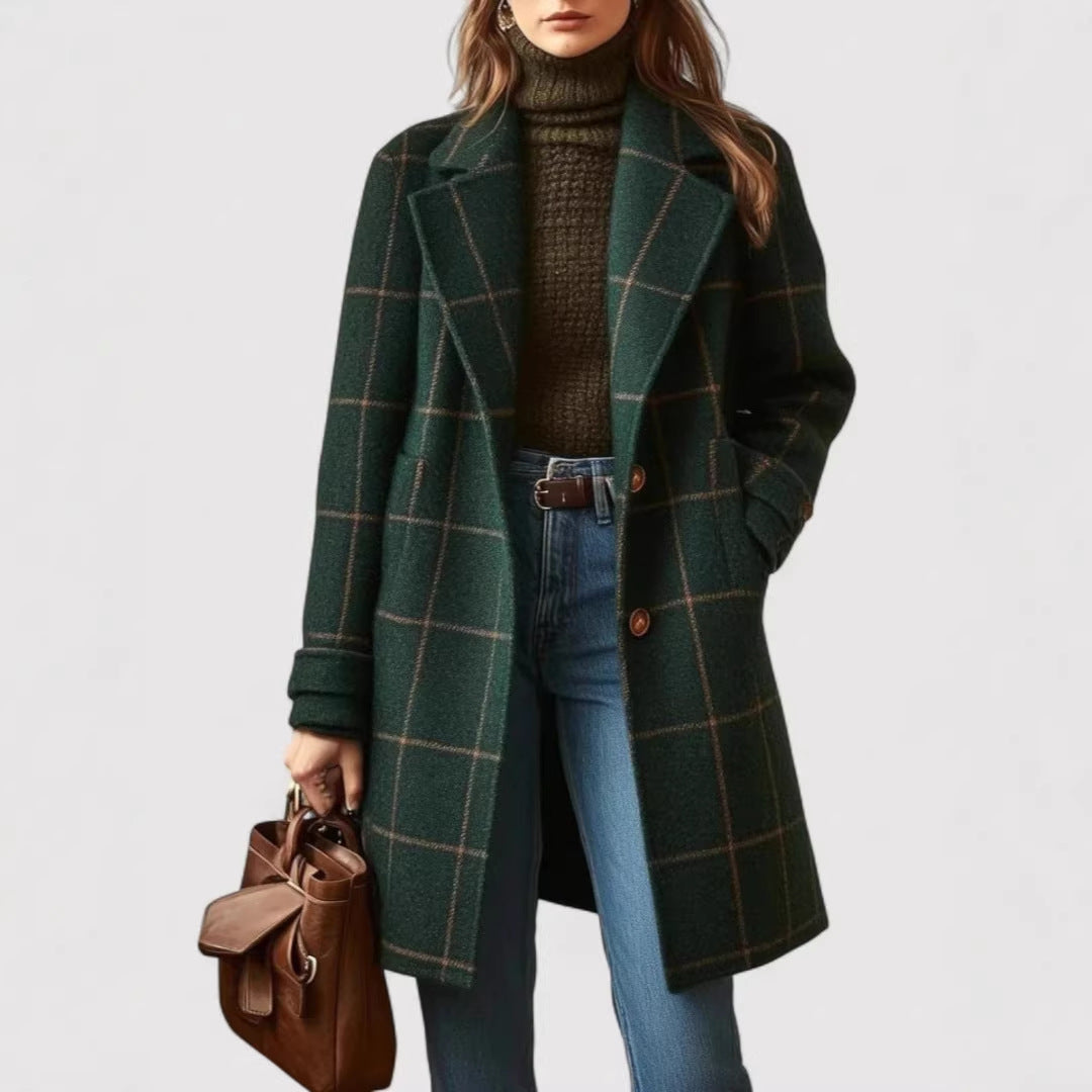 Women's Stylish Wool Coat with Check Pattern