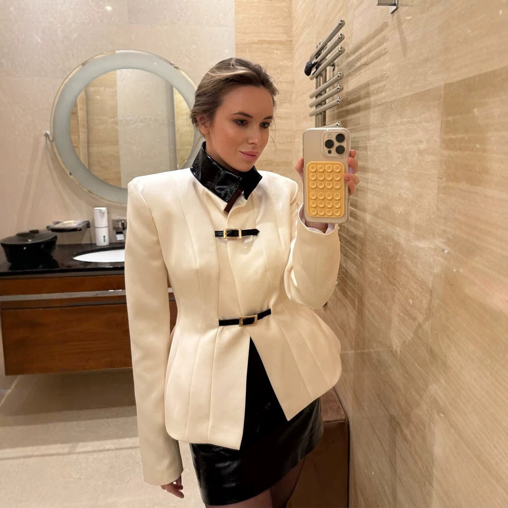 Women's Tailored Blazer with Stand-Up Collar, Waist Seams, and Decorative Strap Closures Mune Fashion