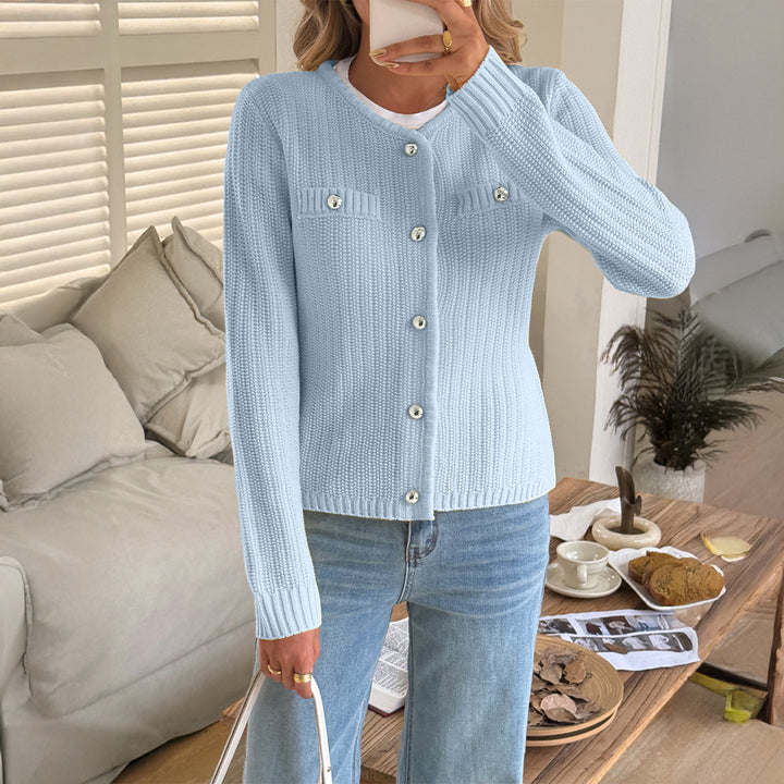Women's nan Feiner knit cardigan with shimmering decorative buttons, ribbed hem, and breast pocket look Mune Fashion