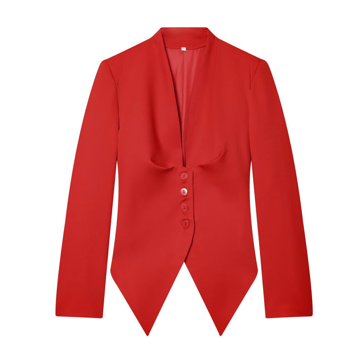 Women's Tailored Cropped Blazer with Pointed Hem and Deep V-Neck Mune Fashion
