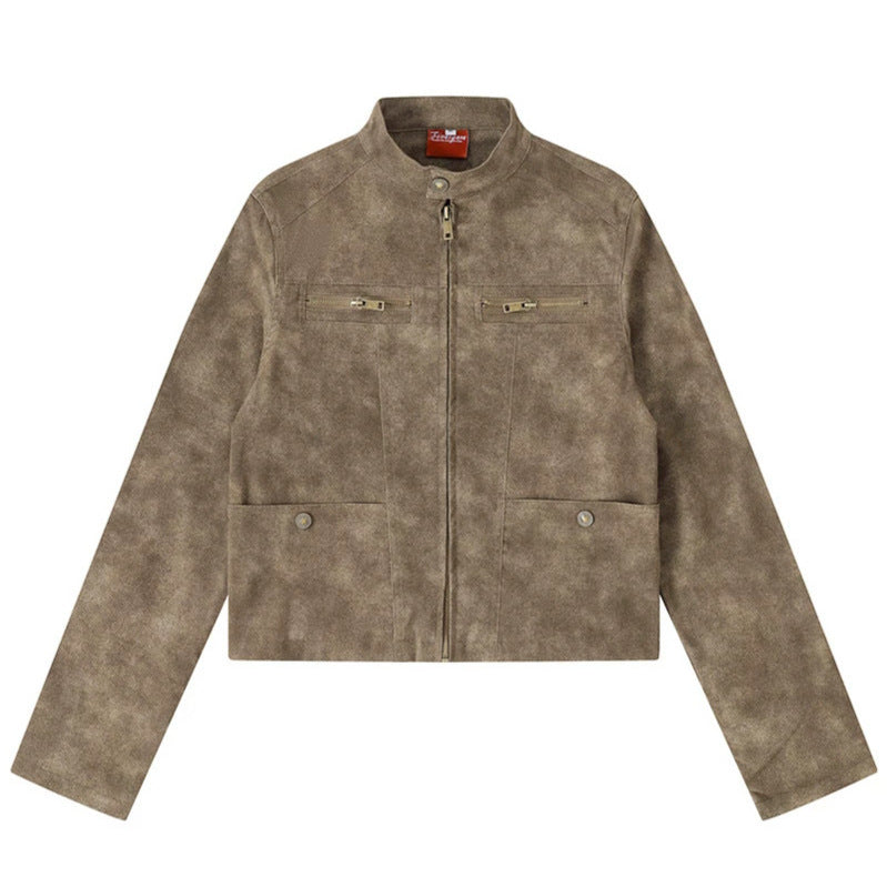 Women's short cut biker jacket in suede look with stand-up collar and chest zipper Mune Fashion