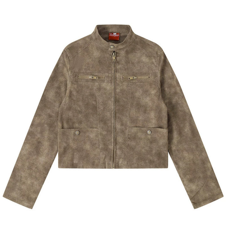 Women's short cut biker jacket in suede look with stand-up collar and chest zipper Mune Fashion