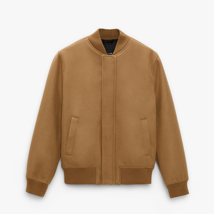 Men's bomber jacket made of wool blend in boxy cut with concealed snap button placket and ribbed cuffs Mune Fashion