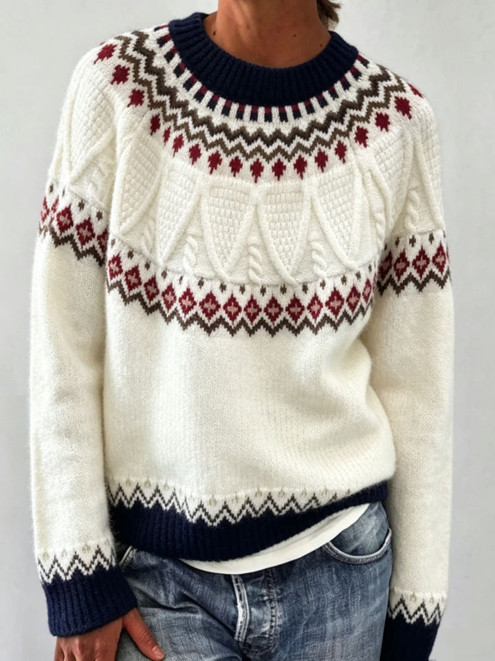 Women Round Neck Norwegian Sweater with Fair Isle Jacquard Mune Fashion