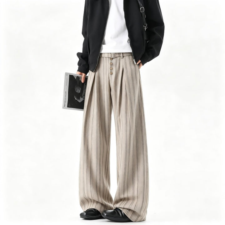 Men's Wide Pinstripe Pants in Baggy Cut with High Waist, Pleats and Decorative Button Placket Mune Fashion