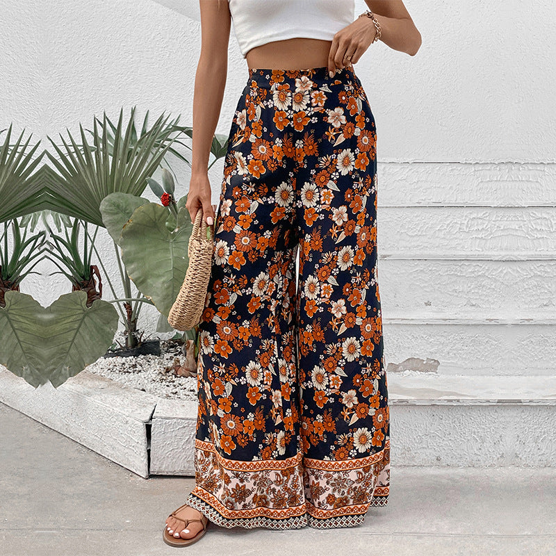 Women's High-Waisted Wide Palazzo Pants with Floral Allover Print and Side Pockets Mune Fashion