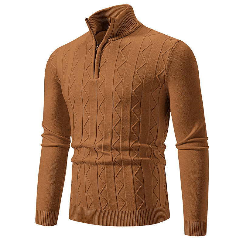 Men Slim-Fit Half-Zip Knit Sweater with Mock Neck, Cable Knit Pattern and Ribbed Cuffs Mune Fashion