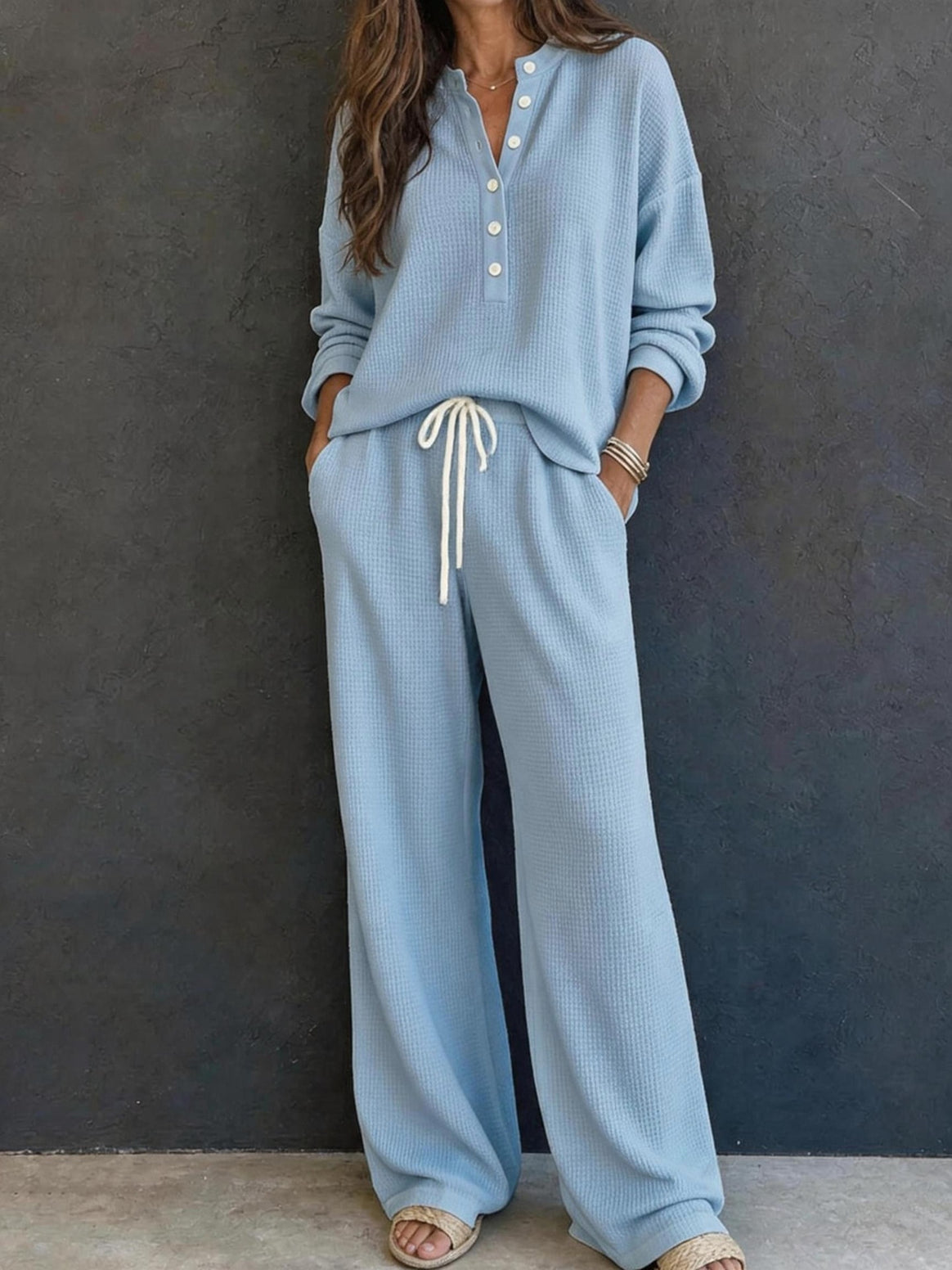 Women's Waffle Knit Loungewear Set with Henley Top and Loose Drawstring Pants Mune Fashion