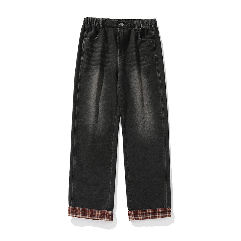 Women Wide Denim Palazzo Pants with Elastic Ruffled Waistband and Checked Cuff Mune Fashion