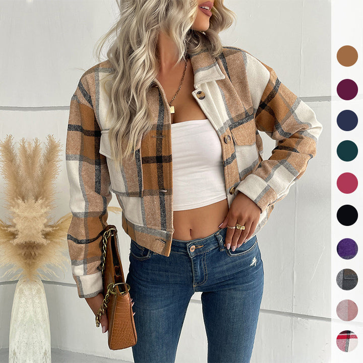 Women Short Cropped Checkered Transition Jacket with Patch Chest Pockets Mune Fashion
