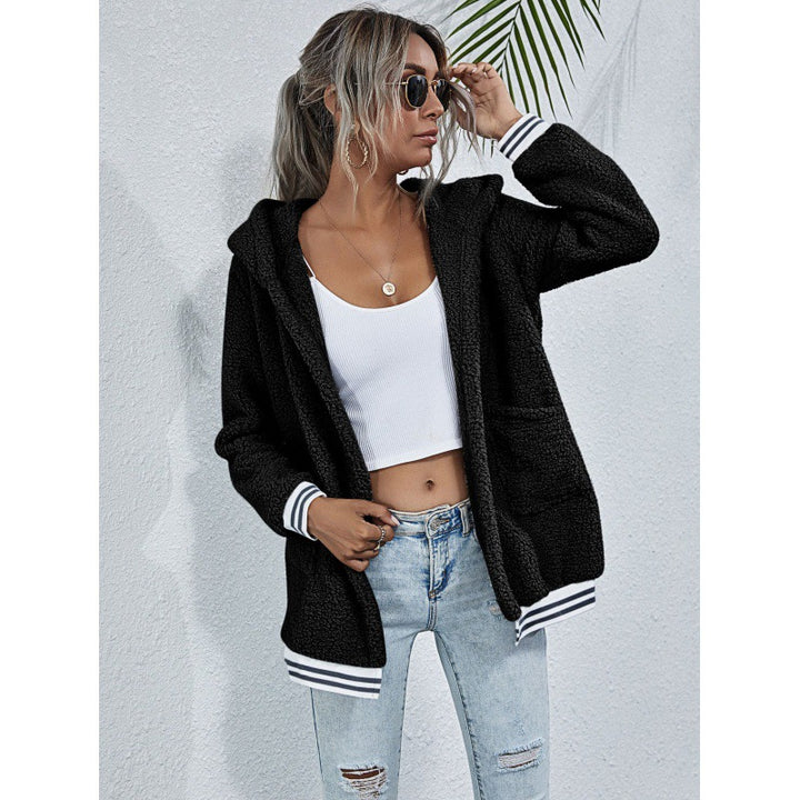 Women Teddy Fleece Hooded Jacket with Contrasting Cuffs and Patch Pockets Mune Fashion
