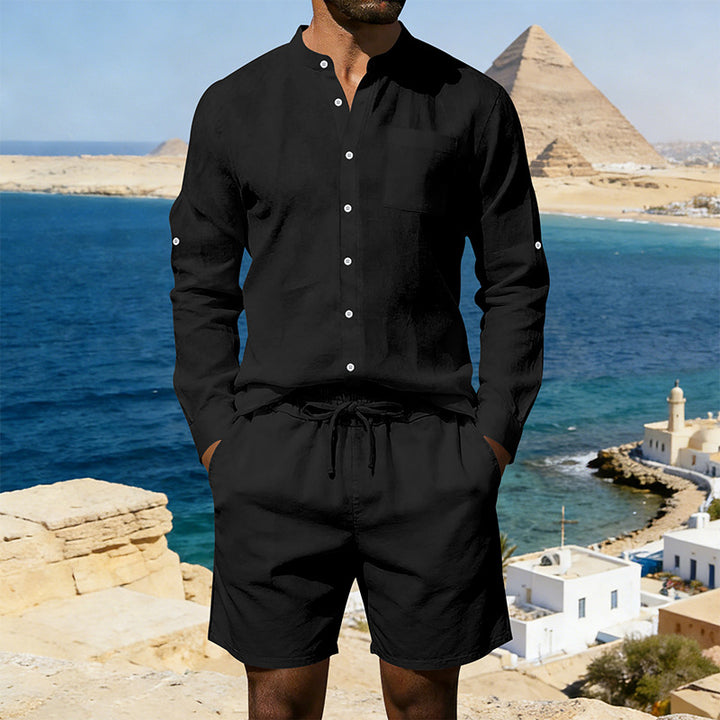 Men's casual linen set with stand collar shirt and drawstring shorts Mune Fashion
