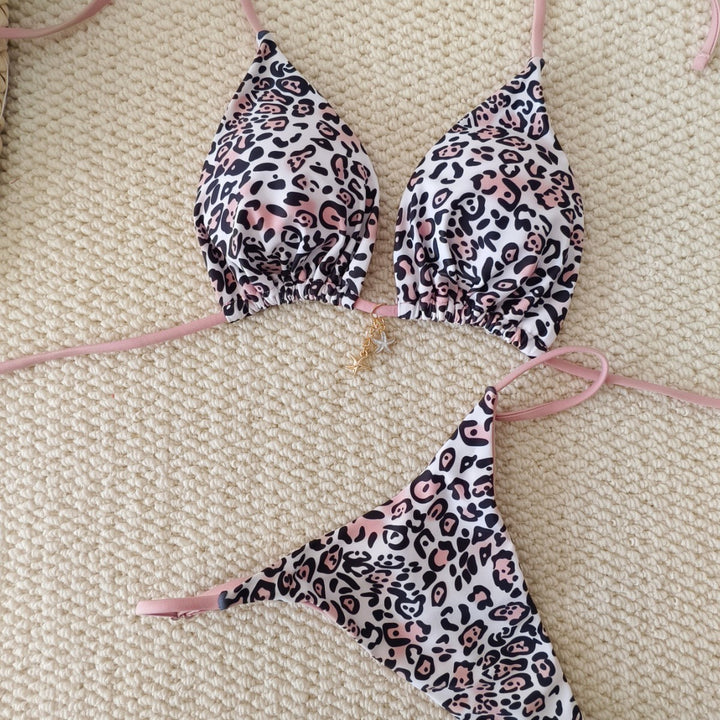 Women's triangle bikini with animal print and fashionable lace-up details Mune Fashion