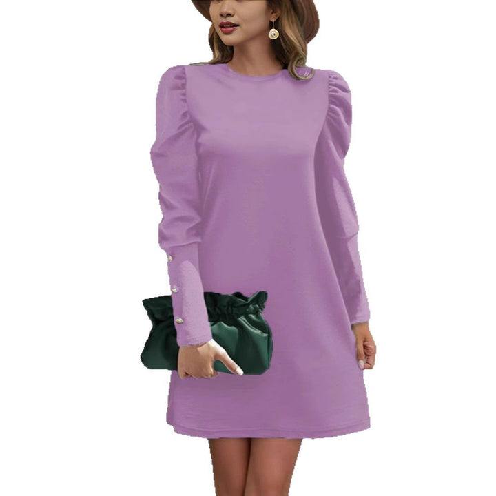 Women Elegant A-Line Mini Dress with Emphasized Puff Sleeves and Pearl Button Sleeve Cuffs Drune